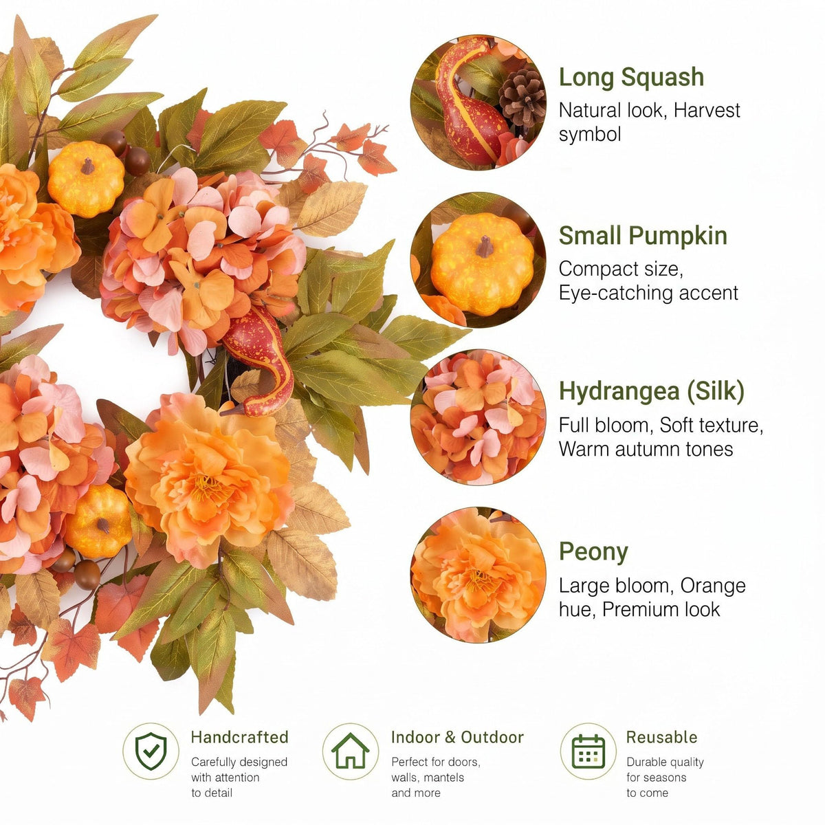 DecorbyHannah Fall Wreath for Front Door, 18 Inch Lighted Autumn Harvest Pumpkin Door Wreath with Lights, Artificial Yellow Peony Hydrangea Maple Leaf Decor for Mantle Porch Wall Home Indoor Outdoor