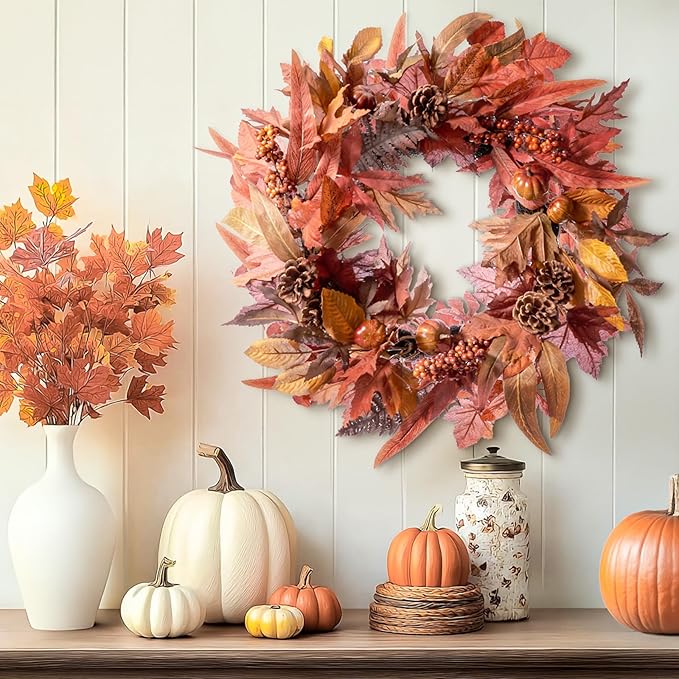 DN DECONATION 24 Inch Fall Wreaths for Front Door, Autumn Farmhouse Wreaths with Orange Pumpkins, Leaves, Pinecones & Berries for Indoor Outdoor Porch Home Wall Thanksgiving Harvest Festival Decor