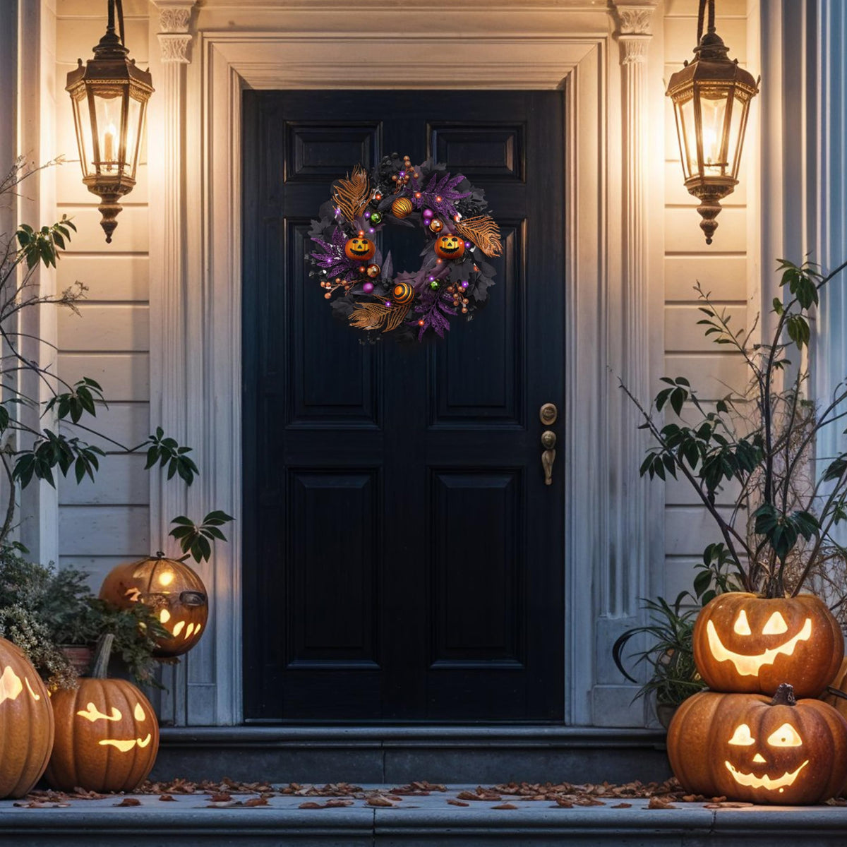 Valery Madelyn Halloween Wreath for Front Door with Lights, 18 Inch Pre-Lit Jack-o'-Lantern Pumpkin Wreath Halloween Decorations for Home Porch Table Centerpiece Window Indoor Party Holiday Wall Decor