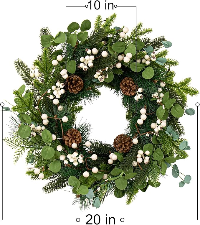 20 Inches Vintage Christmas Wreath Classic Christmas Wreaths for Front Door Rustic Holiday Winter Wreath with White Berry Pine Cones for Doors Windows Indoors Outside Hanging Decoration