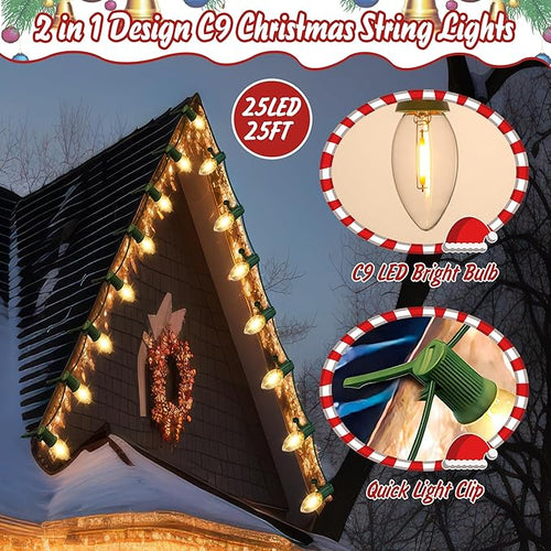 25 FT C9 LED Christmas Lights Outdoor with Clips, Large Bulb Christmas String Lights with Christmas Light Clips, Warm White Christmas Roofline Lights for House and Garden Xmas Decoration