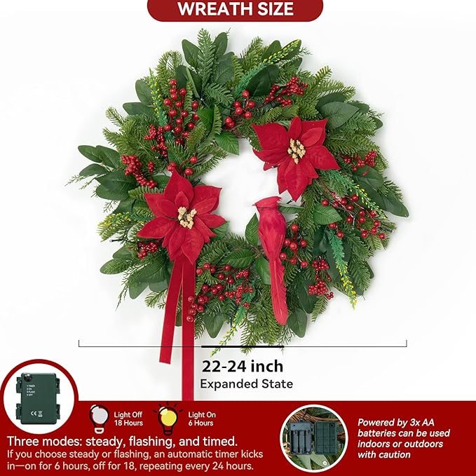 Pre-Lit Christmas Wreaths for Front Door 24 Inch Christmas Wreath with Lights,Large Winter Wreath with Cardinal Birds,Poinsettia,Green Evergreen Pine Needles Red Berries Holiday Wreath Decor
