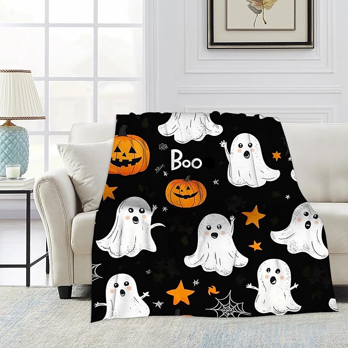 Throw Blanket, Halloween Blanket Cartoon Ghost Pumpkin Throw Blankets for Bed Kids Adults, Lightweight Cozy Blanket for Living Room, Bedroom 50"x60"