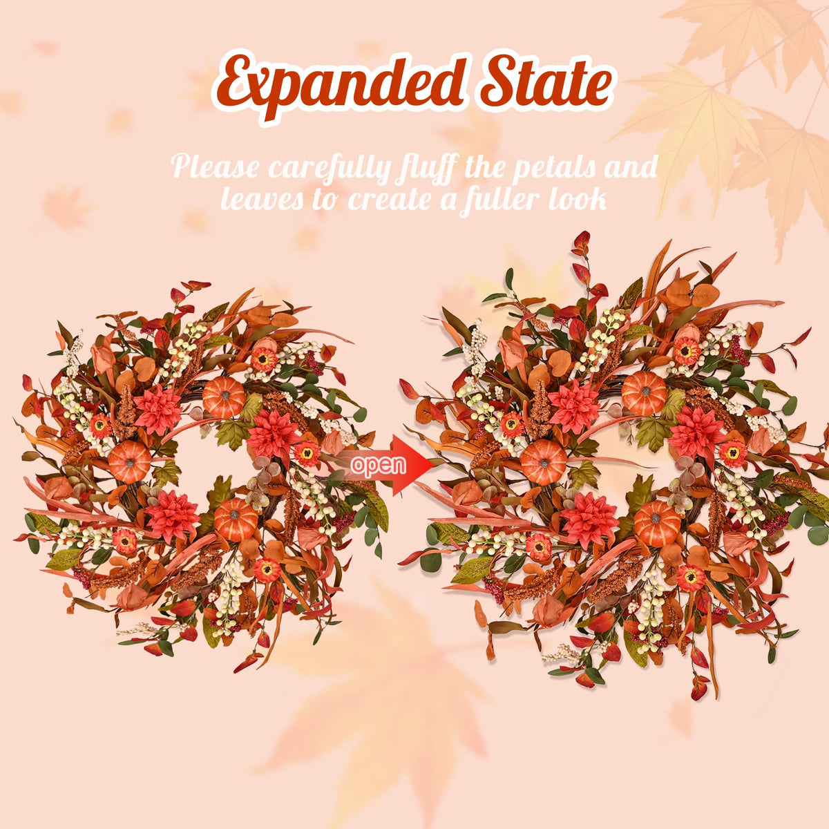24" Pumpkin Fall Wreath with Colorful Mixed Leaves, Autumn Wildflower Artificial Wreath with Berry for Thanksgiving Halloween Front Door Home Wall Farmhouse Holiday Outdoor Indoor Décor