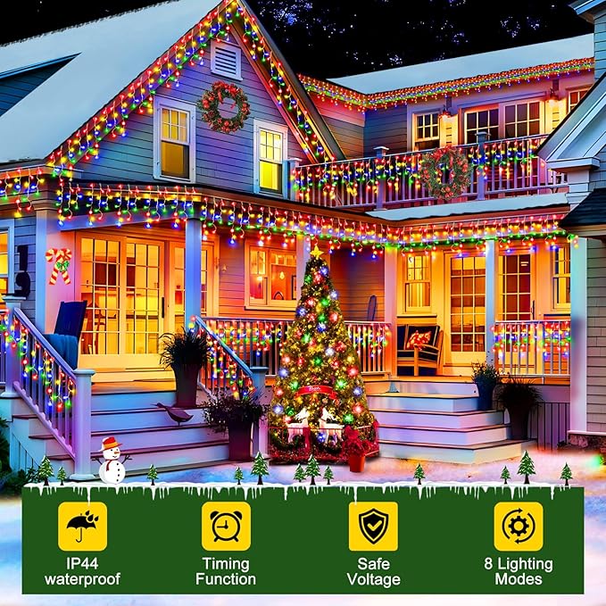 164FT 1600 LED Christmas Lights Outdoor Decorations with 320 Drops Timer 8Mode Curtain String Lights Waterproof Plug in Fairy Lights for Indoor,Xmas,Party,Patio,Window,Fence,Trees Decor(Multicolor)