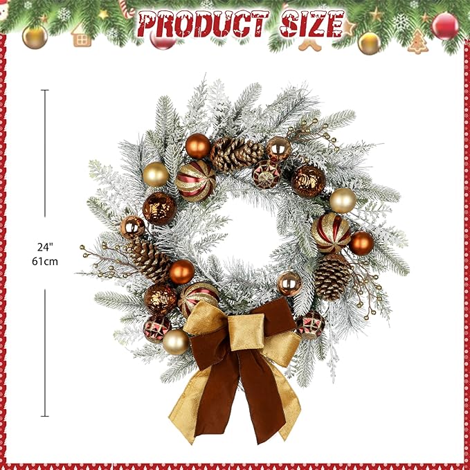 24" Christmas Wreath for Front Door Artificial Unlit Winter Wreath with Pine Cones, Berry Clusters, Bronze Ball Ornaments and Ribbon for Thanksgiving Holiday Christmas Decoration