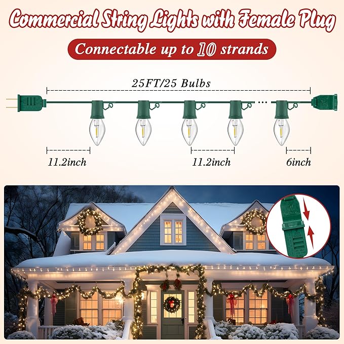 25 FT C9 LED Christmas Lights Outdoor with Clips, Large Bulb Christmas String Lights with Christmas Light Clips, Warm White Christmas Roofline Lights for House and Garden Xmas Decoration