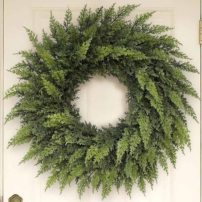 24" Real Touch Christmas Cedar Wreath - Artificial Cedar Wreaths Faux Green Fake Pine Needles Wreath for Front Door, Wall, Windows, Home,Outdoor,Xmas Decor