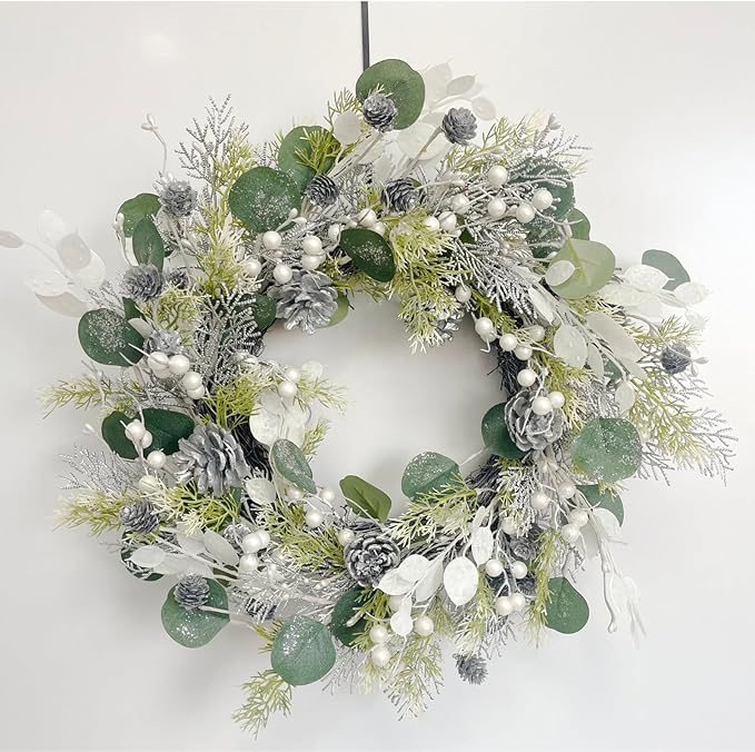 Christmas Wreaths for Front Door 22 Inch Artificial Christmas Wreath White Winter Wreath with Berries Pine Cones Pine Needles for Xmas Indoor Outdoor Decor