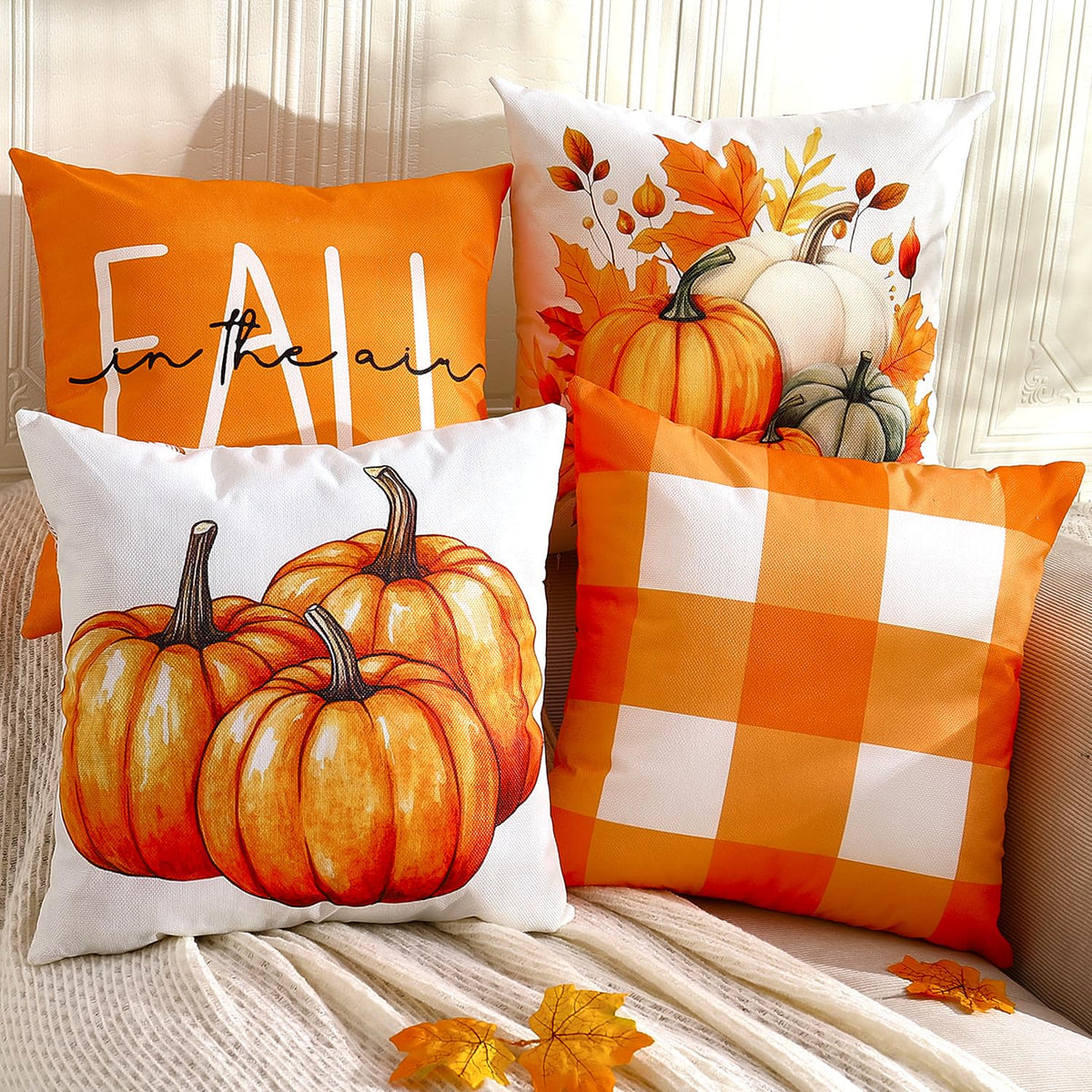 TOYPOPOR Fall Decorations for Home, 4 Packs Double Sided Throw Pillow Covers, Buffalo Plaid Thanksgiving Front Porch Farmhouse Cushion Cases Indoor Outdoor Autumn Decor for Couch, Living Room 20x20