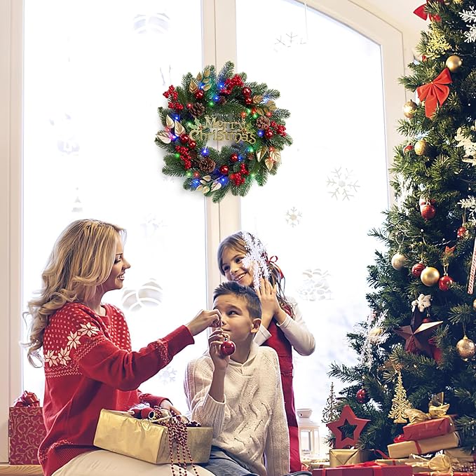 18 Inch Christmas Wreaths for Front Door, Lighted Outdoor Christmas Wreath with 40 LED Lights Timer Pine Cones for Window Fireplace Winter Xmas Decorations, Battery Operated