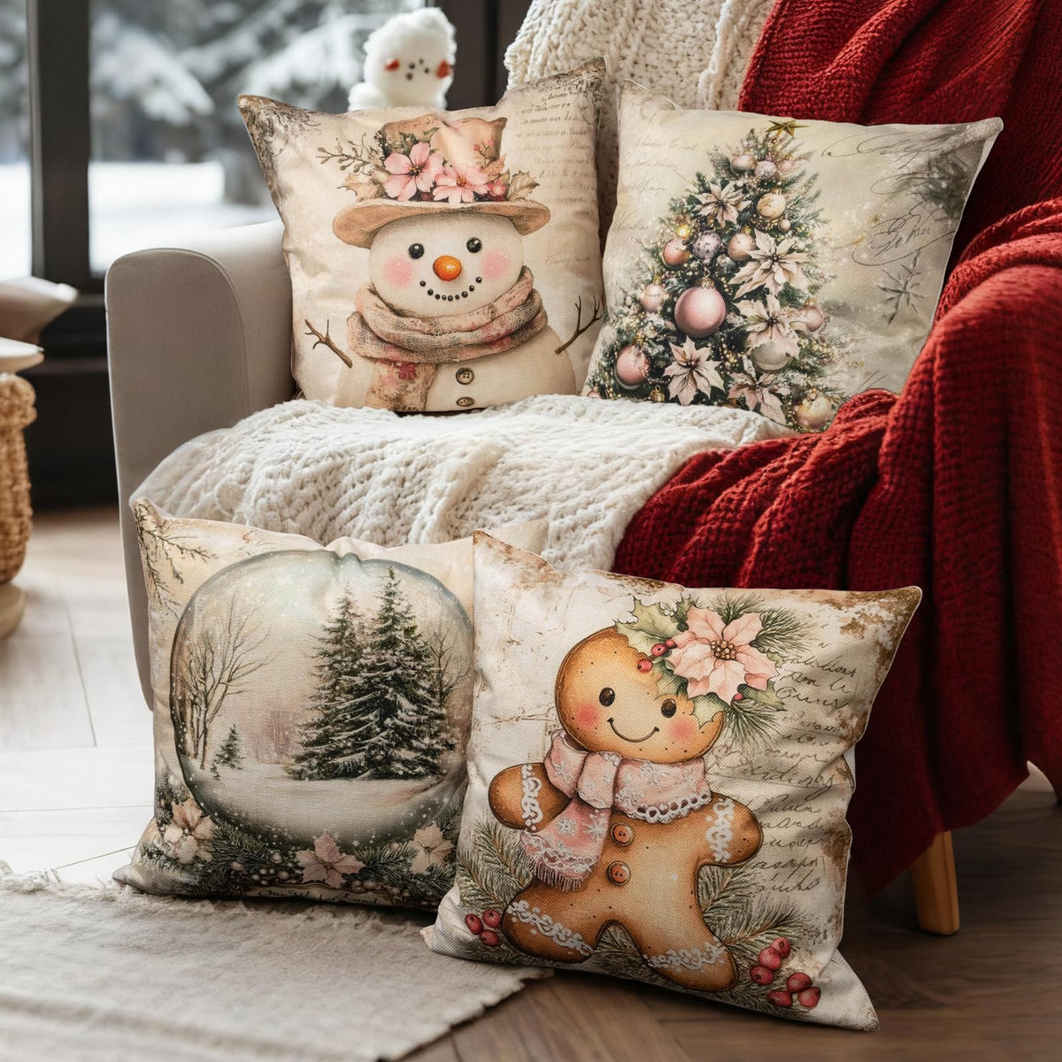 Christmas Throw Pillow Covers 20x20 Inch Set of 4, Vintage Winter Holiday Snow Globe Gingerbread Xmas Trees Snowman Decorative for Couch Sofa Living Room