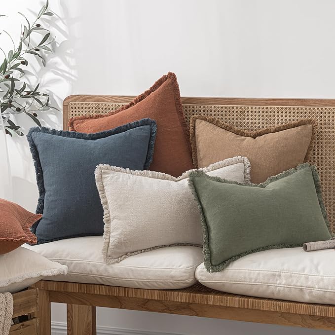 MIULEE Christmas Decorative Throw Pillow Covers Neutral Linen Fringe Throw Pillows Euro Shams Set of 2 Natural Beige Boho Farmhouse Cushion Covers for Couch Sofa Bed Living Room Home Decor 22x22 Inch