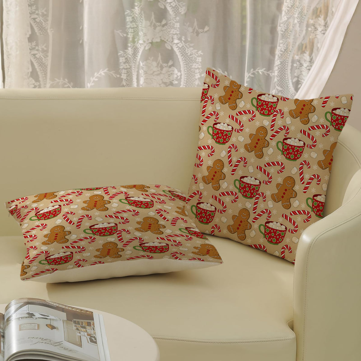 DAFENA Christmas Pillow Covers 18x18 Inch 2 Pcs Gingerbread Man Candy Cane Snowflake Decor Throw Pillows Winter Xmas Holiday Farmhouse Decoration Pillowcase Linen Cushion Cover for Couch Sofa