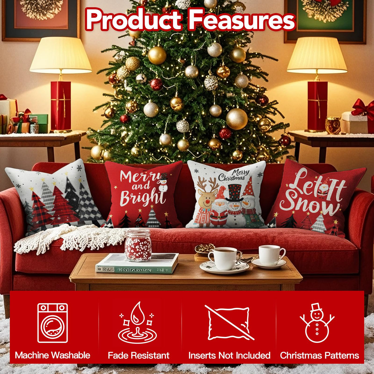 UPOFFICIS Christmas Pillow Covers 18x18 inch Set of 4, Christmas Decorations Cushion Covers, Xmas Pillow Covers, Pillowcases Throw Pillow Covers for Sofa Couch Home Decor