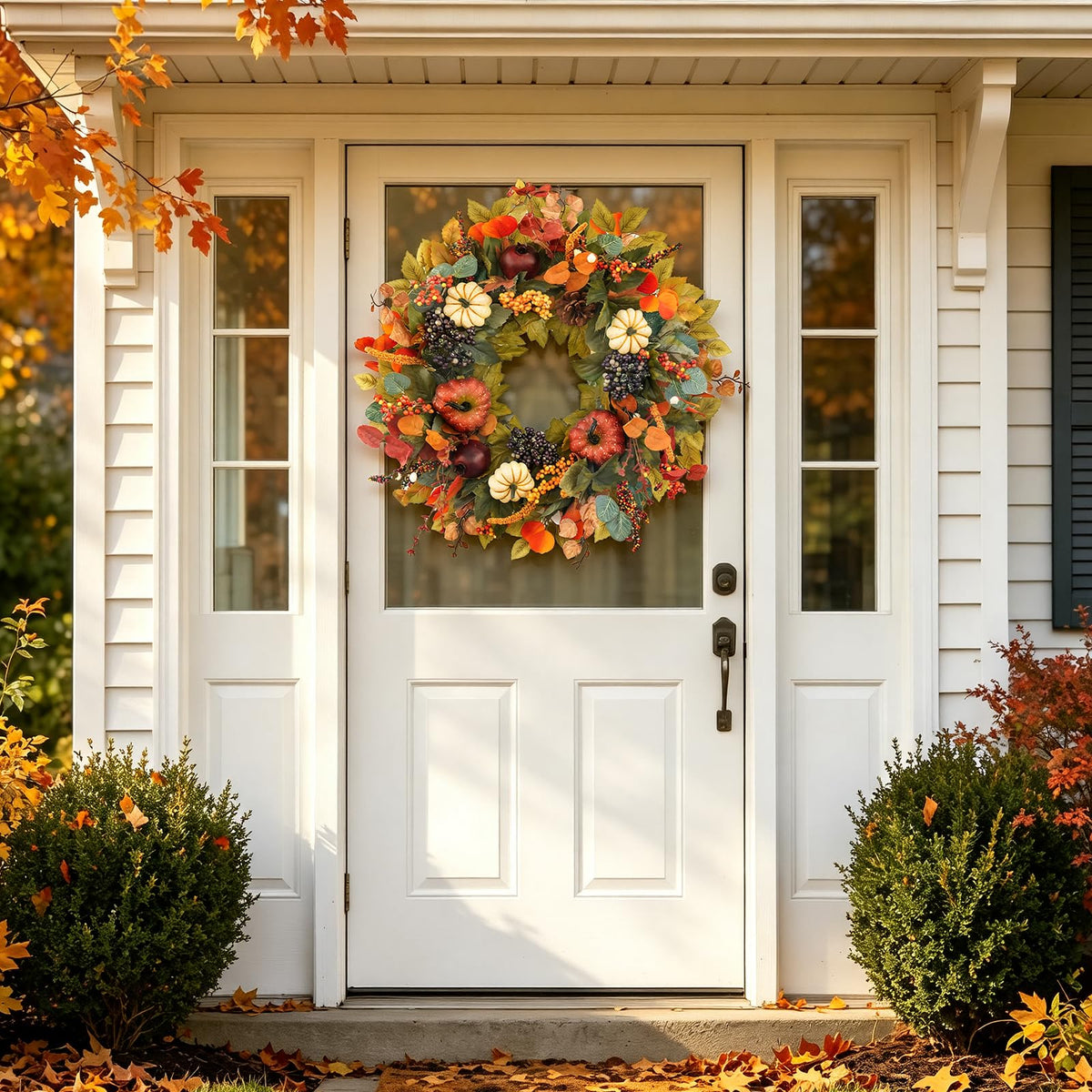 Fall Wreaths for Front Door Outside 24 Inch Autumn Wreath with Pumpkins, Pomegranates, Pinecones, Berries & Leaves – Fall Door Wreath for Outdoor Wreaths for Front Door, Indoor Thanksgiving Decor