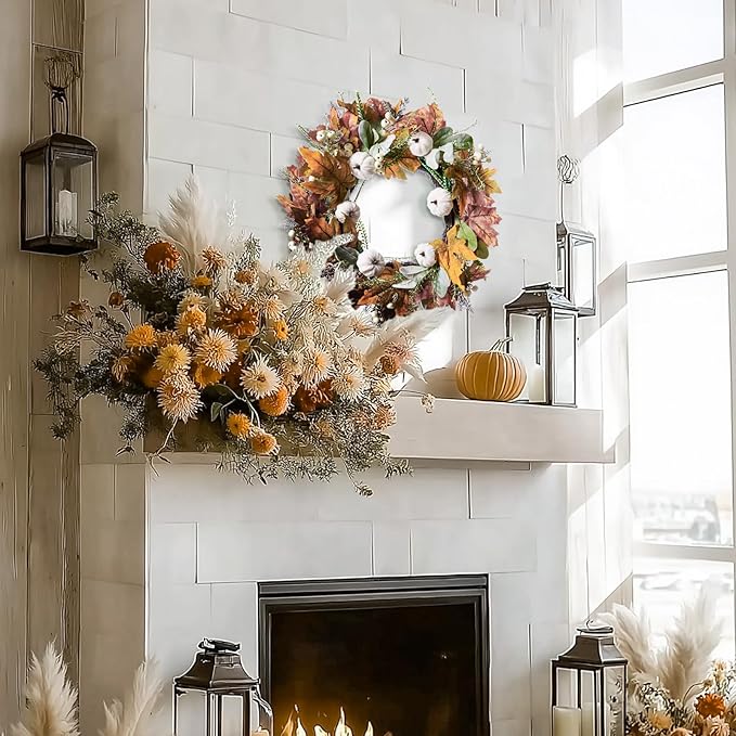 DN DECONATION 24“ Fall Wreaths for Front Door Decor, Autumn Harvest Wreaths for Porch Door Outdoor, Fall Wreath Decorations for Home Outside Thanksgiving, White Pumpkins Wreath