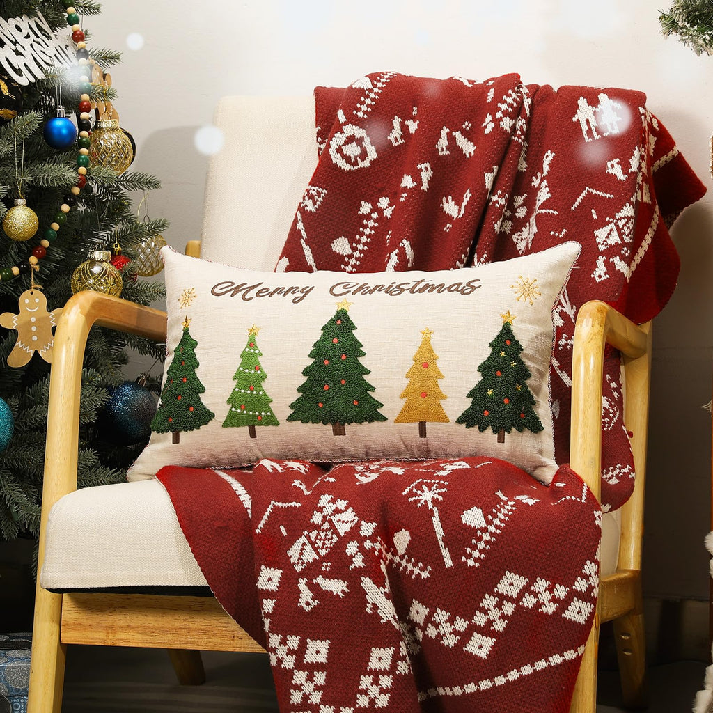 Lewondr 12x20 Inch Christmas Throw Pillow Cover, Christmas Decorative Pillow Case with Embroidered Xmas Tree, Throw Pillowcase Cushion Cover Xmas Decor for Bed Home Decor Living Room (1PCS)