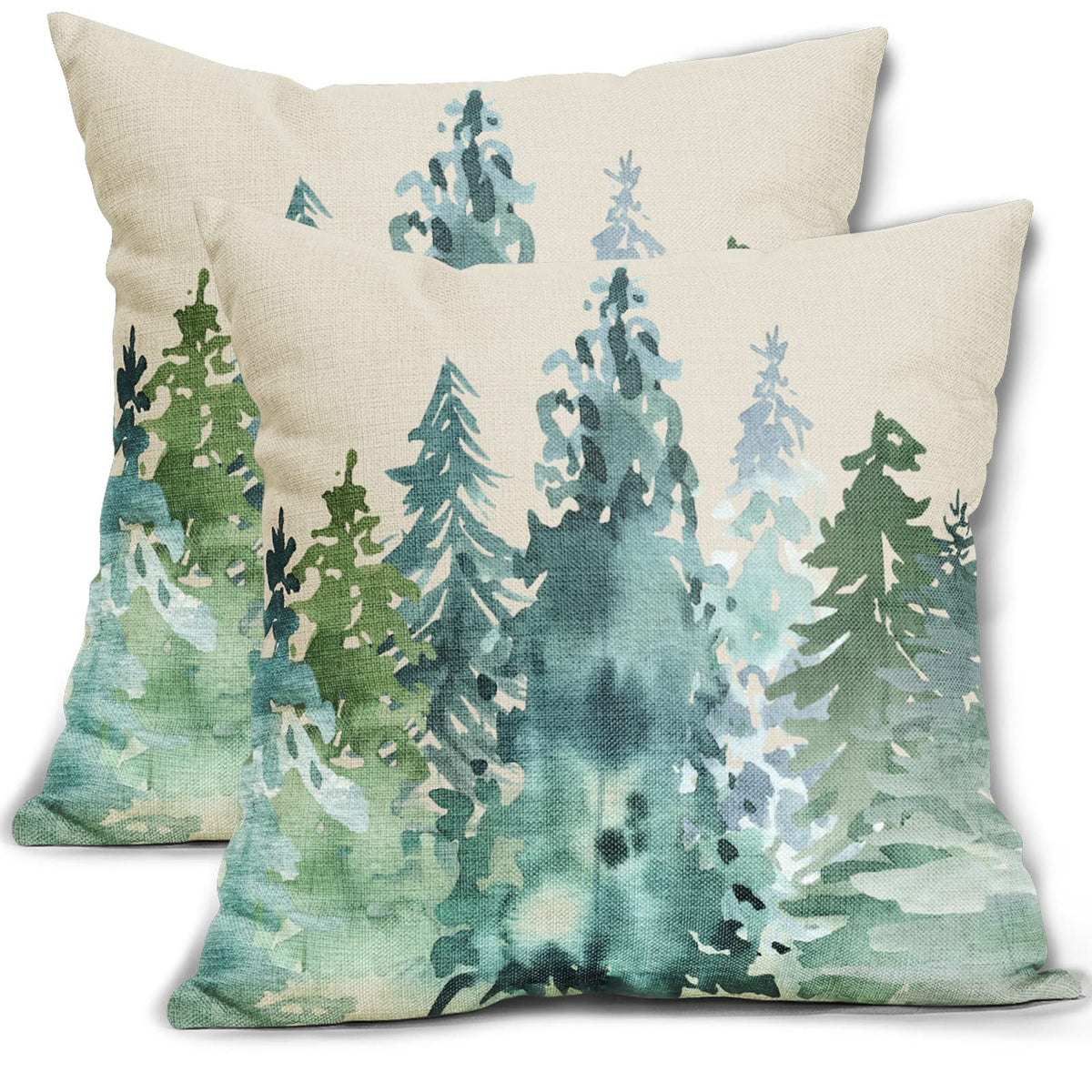 Winter Christmas Tree Pillow Covers 18x18 Set of 2 Blue Green Nature Forest Rustic Watercolor Style Print Decorative Throw Pillows Outdoor Square Linen Cushion Case Decor for Home Sofa Couch Bed