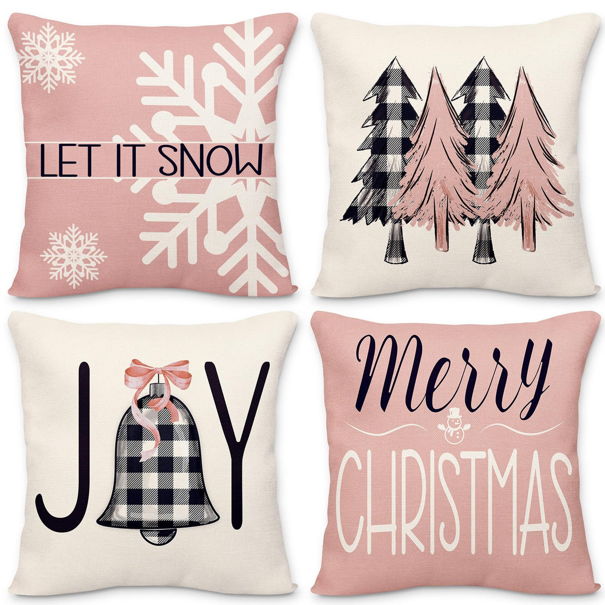 Geefuun Rose and Gold 18 x 18 Christmas Pillow Covers Decorations Indoor Home Pink Decor Set of 4 - Xmas/Holiday/Winter Bedroom Decorative Pillowcase for Couch, Bed（No Fillers）