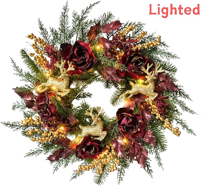 22 Inch Pre-Lit Artificial Christmas Wreath Rose Wreath with Glitter Christmas Deer Reindeers Figurine Decor Berries and Timer for Front Door Window Indoor Outdoor Festive Xmas Holiday