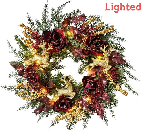 22 Inch Pre-Lit Artificial Christmas Wreath Rose Wreath with Glitter Christmas Deer Reindeers Figurine Decor Berries and Timer for Front Door Window Indoor Outdoor Festive Xmas Holiday