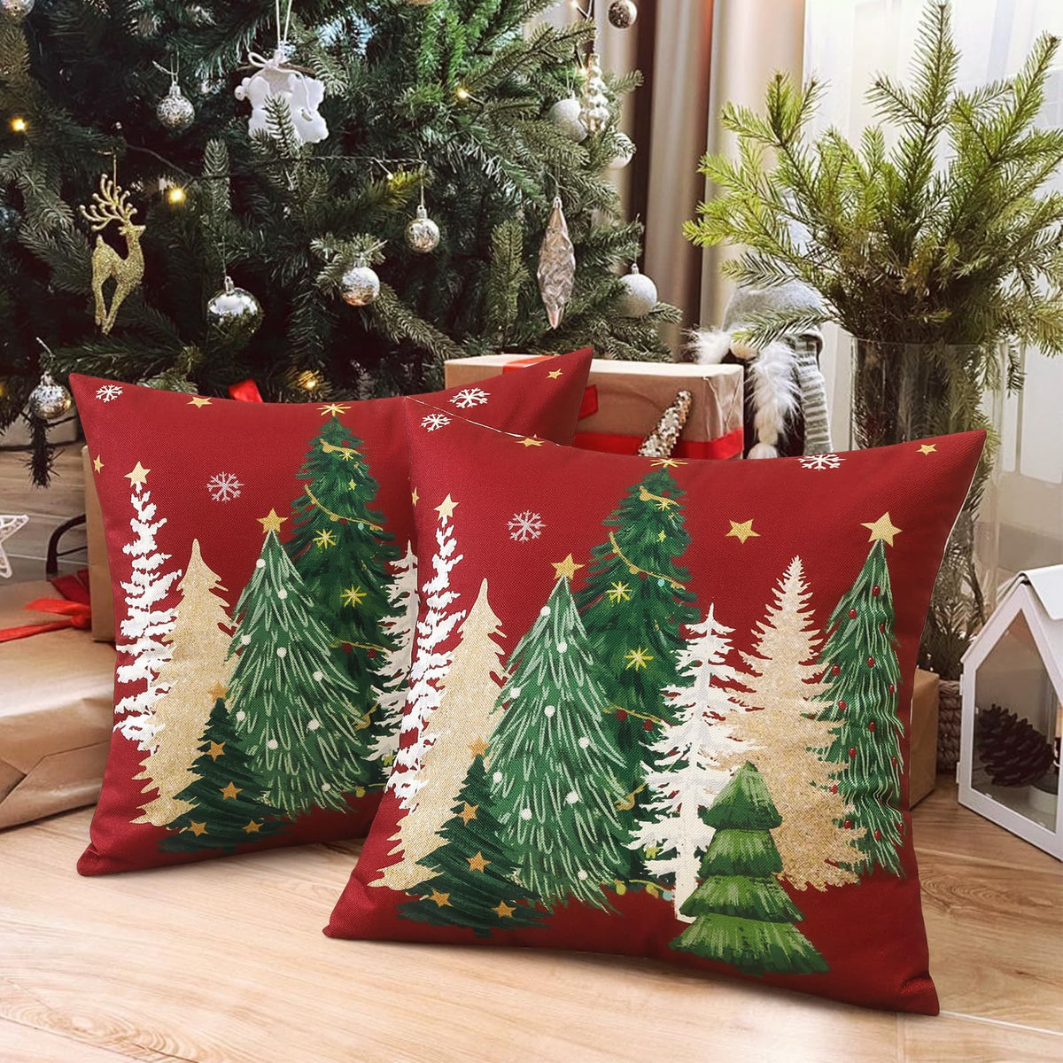 Artscope Christmas Tree Throw Pillow Covers 18x18 Inch Set of 2, Winter Hoilday Christmas Decoration Pillow Cases for Home Decor-Red