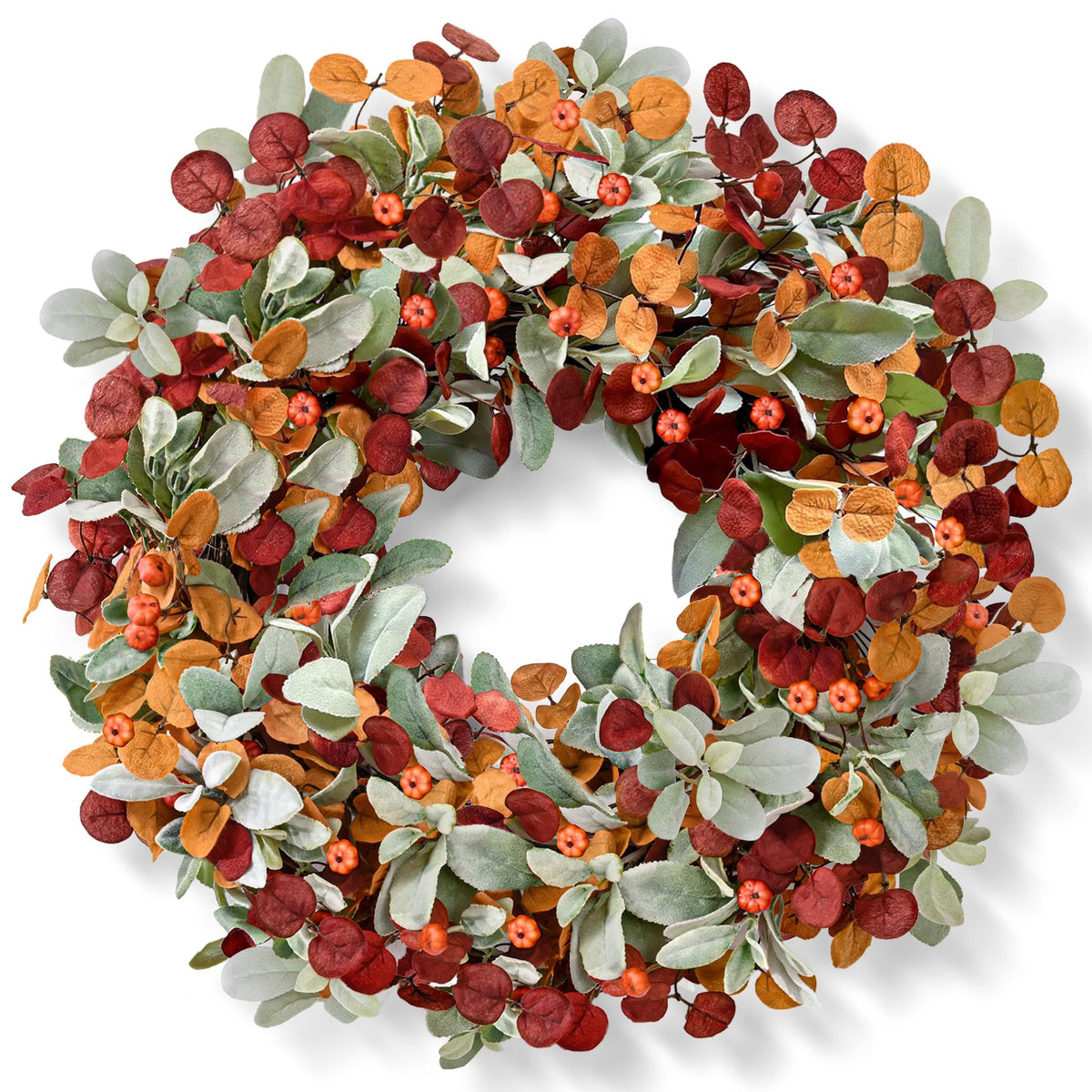 Waipfaru Fall Decor, 26 Inch Fall Wreaths for Front Door, Autumn Door Wreath with Lambs Ears Leave Eucalyptus Leaves Pumpkin Thanksgiving Harvest Halloween Farmhouse Home Outdoor Porch Indoor Decor
