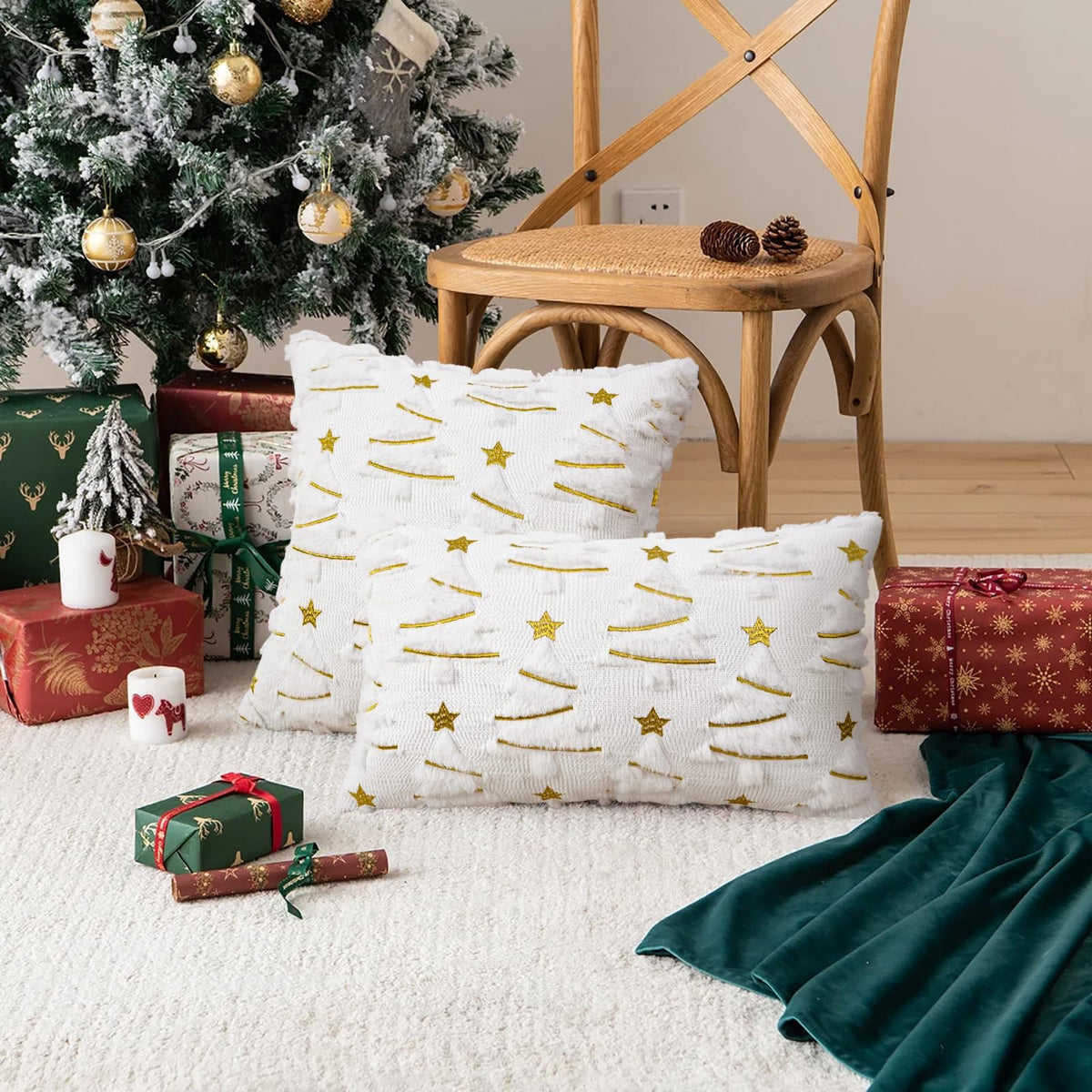 Merrycolor White Christmas Pillow Covers18x18 Inche Set of 2 Soft Plush Faux Fur Christmas Tree Throw Pillow Covers with Gold Star Embroidery Decoration Winter Holiday Home Decor