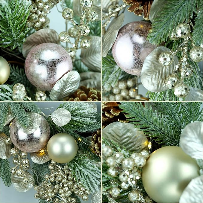 YULETIME 24" Christmas Wreath, Artificial Holiday Wreath with Baubles, Berries, Leaves, Spruce Branches, Snowy Pine Needles (Pink Bauble)