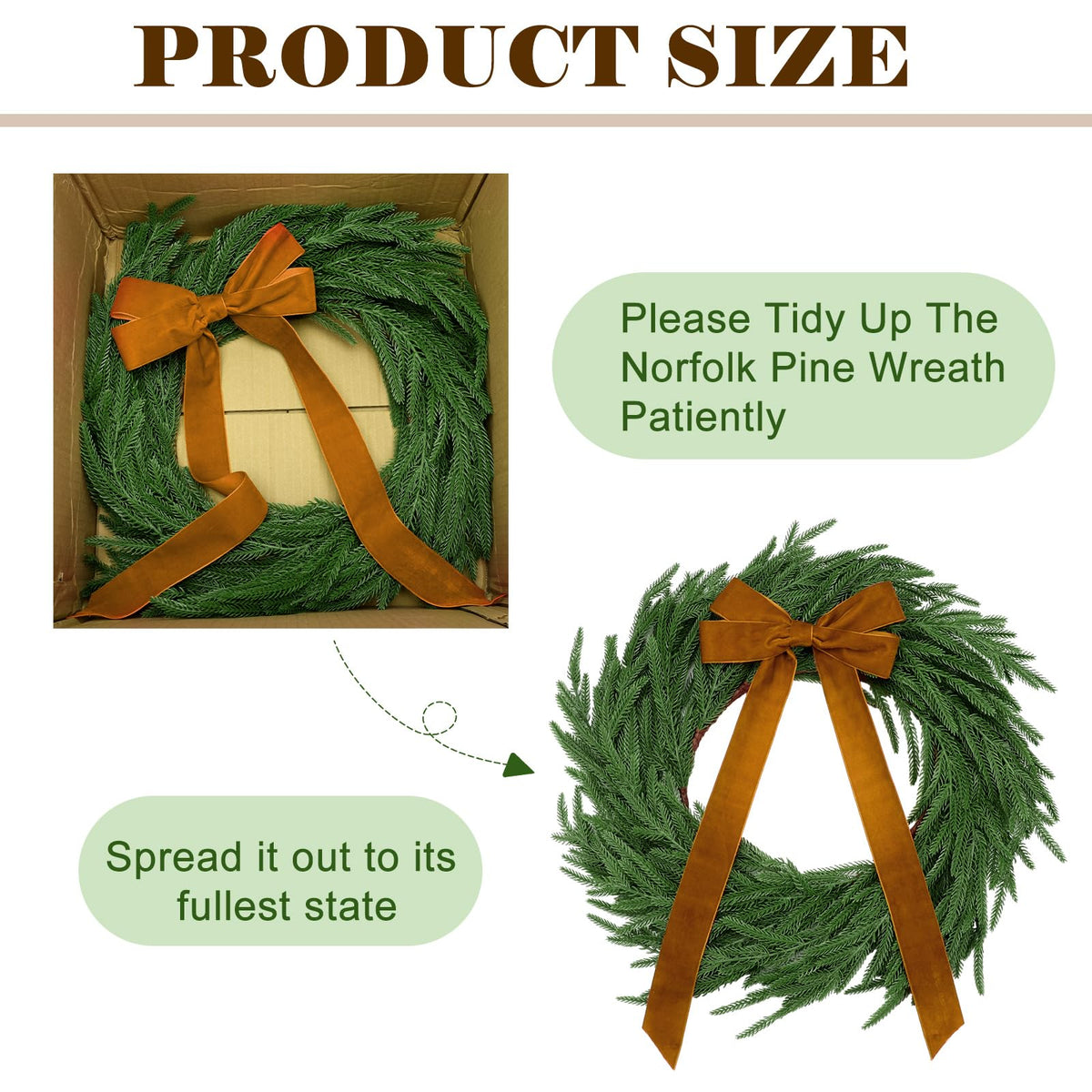 Daifunli 2 Pack 20 Inch Light up Christmas Norfolk Pine Wreaths with Khaki Bows Artificial Realistic Green Wreath with Pre-lit LED for Front Door Wall Mantle Outdoor Xmas Windows Porch Decor