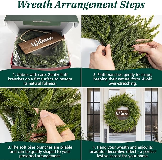 24 Inch Real Touch Christmas Wreath for Front Door, Norfolk Pine Wreath with Welcome Sign, Large Artificial Green Wreath Home Indoor, Porch, Fireplace, Wall, Windows, Outdoor Decor