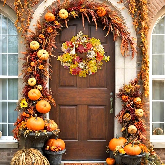Fall Wreaths for Front Door,Sunflower Autumn Wreath with Lights,Pumpkins and Bows,for Thanksgiving Halloween Farmhouse Indoor Outdoor Outside (Golden Pumpkin)