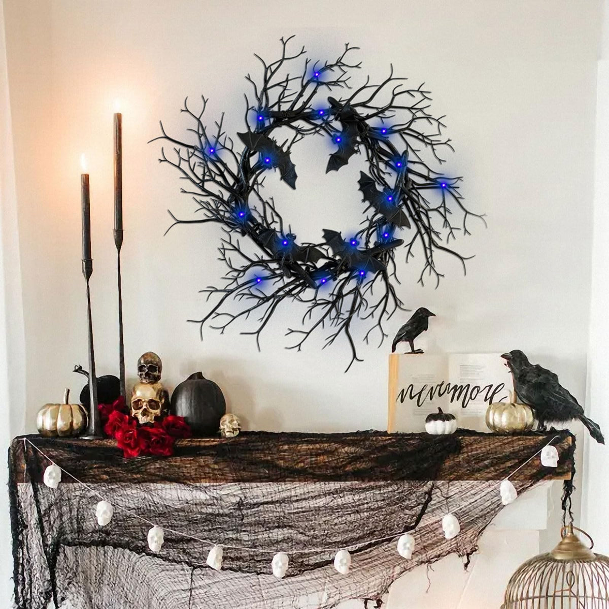 Artificial Halloween Black Branch Wreath with Bats,Handcrafted Halloween Horror Wreath Sparkling Hanging Decorations for Indoor Outdoor Party Window Wall Decor Farmhouse Garland Yard