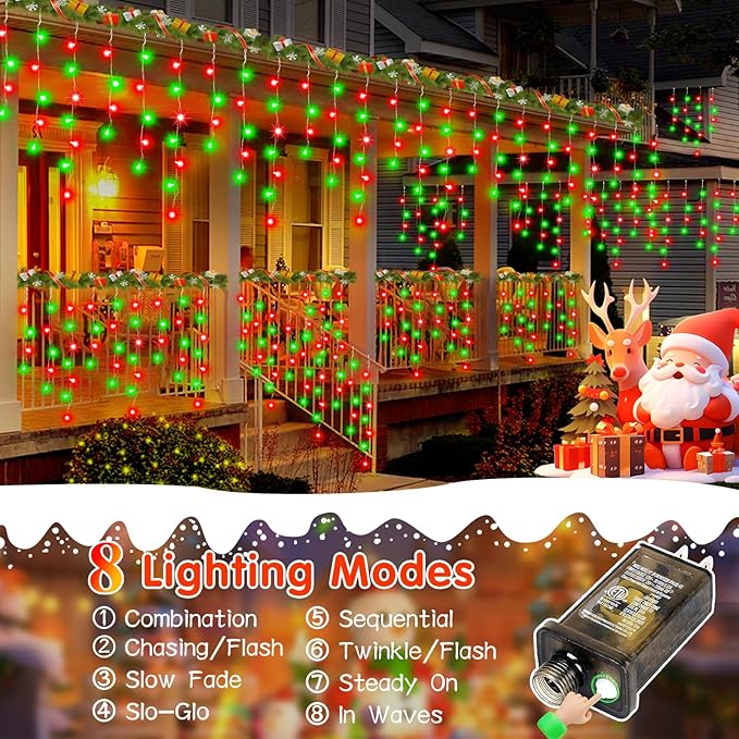 131FT 1440LED Christmas Lights Outdoor Waterproof Curtain Lights with 8 Modes Timer Hanging Fairy Lights Plug in String Lights for Holiday Wedding Party Decoration(Red and Green)