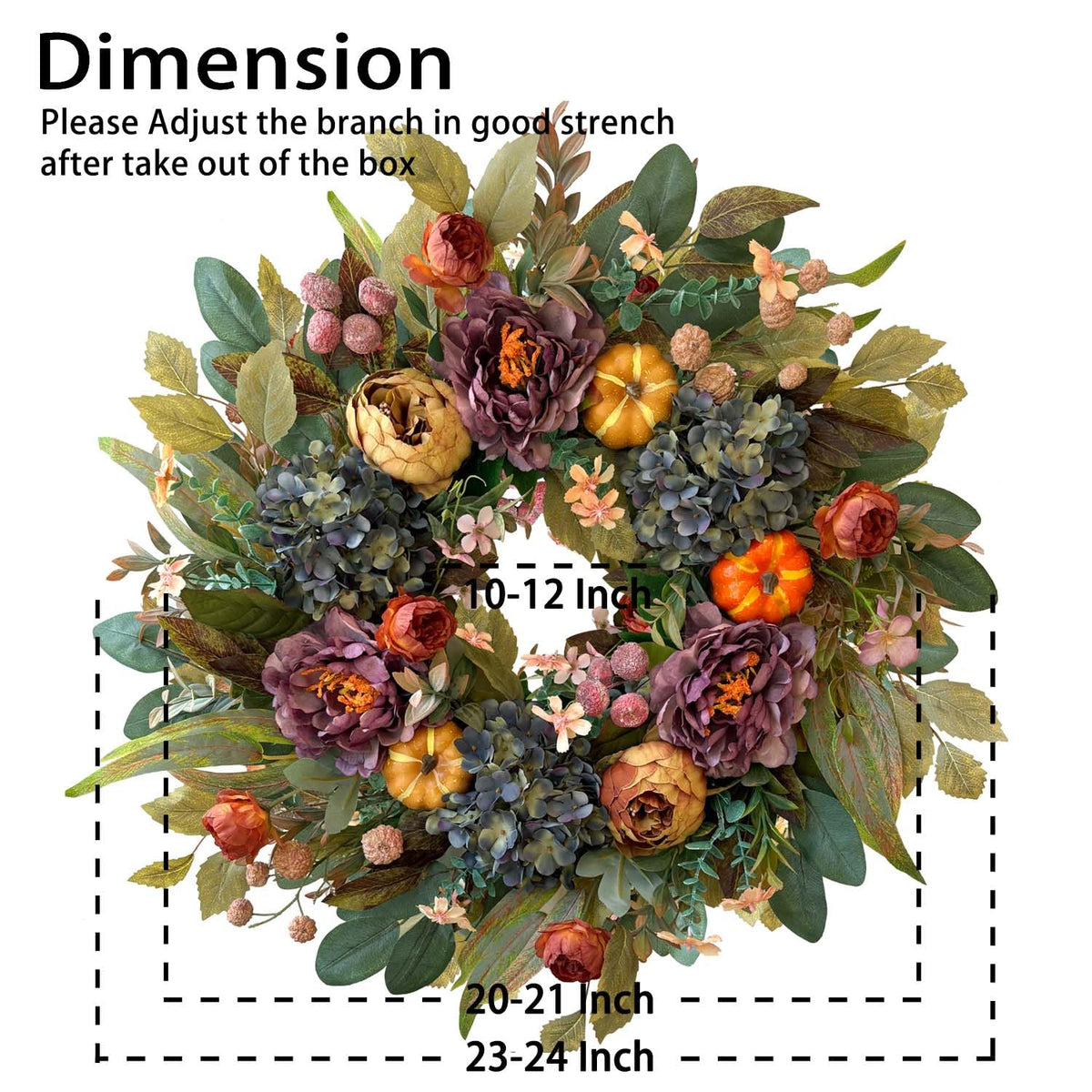 WANNA-CUL 24in Fall Front Door Wreath,Hydrangea Peony Pumpkin Harvest Decor