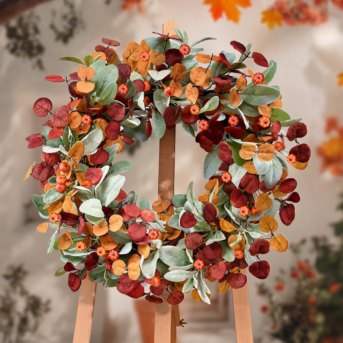 Waipfaru Fall Decor, 26 Inch Fall Wreaths for Front Door, Autumn Door Wreath with Lambs Ears Leave Eucalyptus Leaves Pumpkin Thanksgiving Harvest Halloween Farmhouse Home Outdoor Porch Indoor Decor