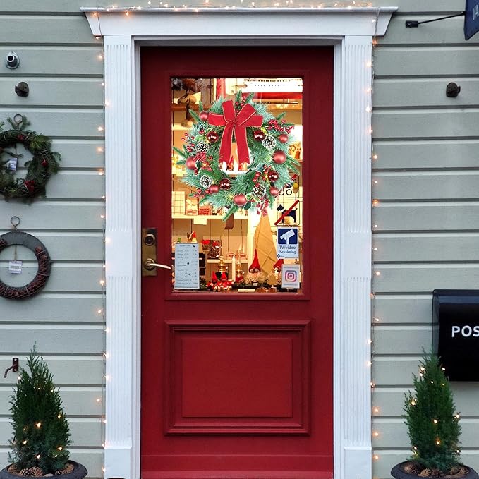 YULETIME 20" Pre-Lit Christmas Wreath, Battery Operated with 10 Fairy Lights Holiday Wreath, Red Bowknot & Baubles, Pine Cones, Red Berries, Green Leaves Holly, Spruce Branches, Pine Needles