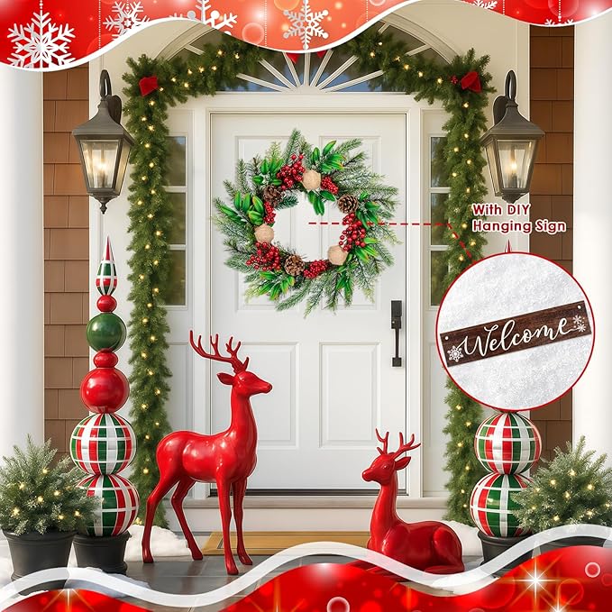 Christmas Wreaths for Front Door Outside Decor, 20" Red Berries Linen Ball Pine Boughs Winter Artificial Wreath Decorations with Hanging Sign for Xmas Holiday Home Door Wall Window Fireplace Indoor