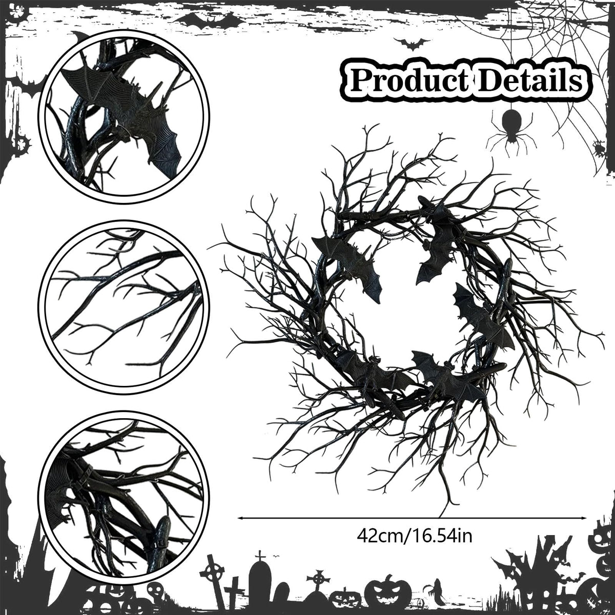 Artificial Halloween Black Branch Wreath with Bats,Handcrafted Halloween Horror Wreath Sparkling Hanging Decorations for Indoor Outdoor Party Window Wall Decor Farmhouse Garland Yard