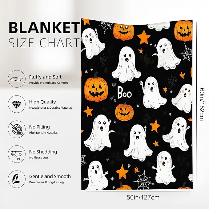 Throw Blanket, Halloween Blanket Cartoon Ghost Pumpkin Throw Blankets for Bed Kids Adults, Lightweight Cozy Blanket for Living Room, Bedroom 50"x60"