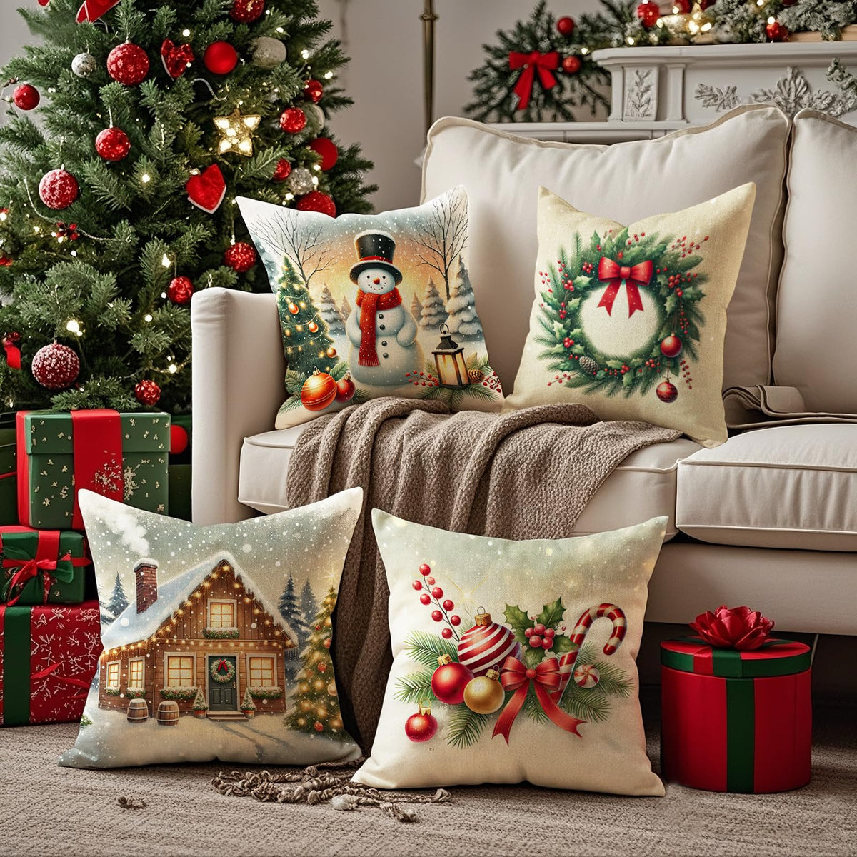 HDVUHKI Christmas Pillow Covers 16x16 inch Set of 4, Holiday Winter Outdoor Vintage Tree Snowflake Xmas Snowman Neutral Farmhouse Gold Seasonal Burlap Decorations for Sofa Couch
