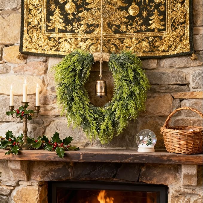 Real Touch Artificial Cedar Wreath 20" with Bell Fake Christmas Wreaths for Front Door Faux Pine Greenery Heart Wreaths for Home,Window,Table,Mantle,Wall,Indoor,Outdoor Xmas Decorations