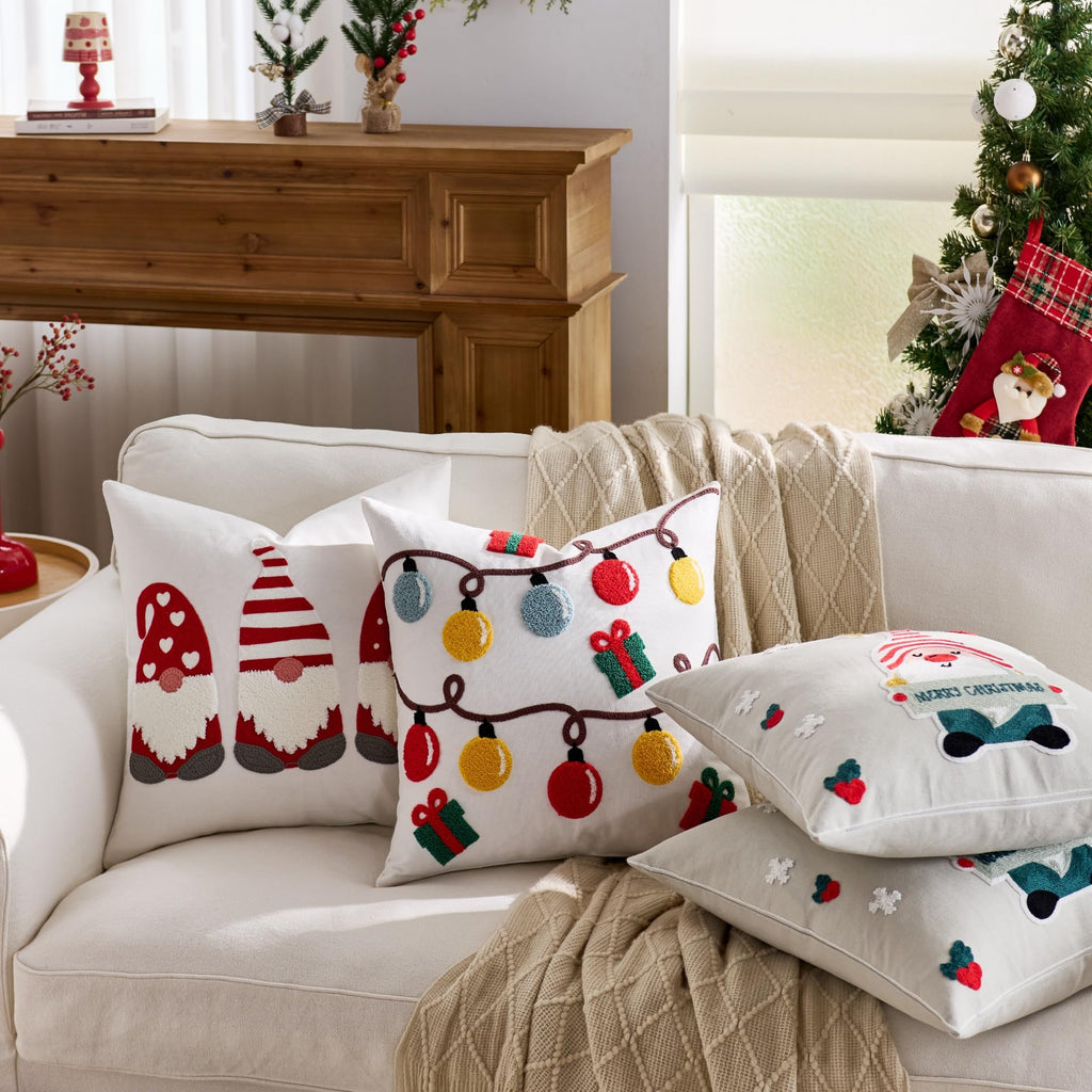 Farmhouse Christmas Pillow Covers 18x18 Set of 2, Xmas Embroidered Throw Cushion Cases with Festive Patterns for Rustic Home Holiday Decor (Gnome Trio White, 18" x 18" (Pack of 2))
