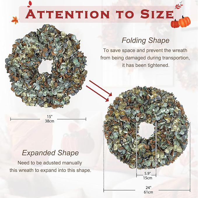 Fall Wreaths for Front Door, 24 inch Fall Hydrangea Wreaths for Front Door Outside Large Artificial Autumn Floral Wreath for Thanksgiving Harvest Christmas Wall Mantel Porch Indoor Outdoor Decor