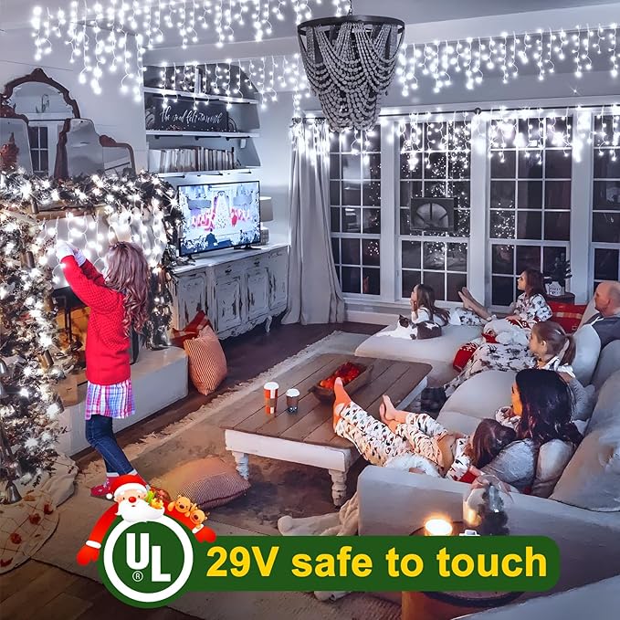 50FT 480 LED Christmas Lights Outdoor Decorations with 90 Drops Timer 8Mode Curtain String Lights Waterproof Plug in Fairy Lights for Indoor,Xmas,Party,Patio,Window,Fence,Trees Decor(Cold White)