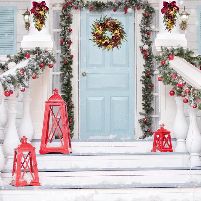 22 Inch Pre-Lit Artificial Christmas Wreath Rose Wreath with Glitter Christmas Deer Reindeers Figurine Decor Berries and Timer for Front Door Window Indoor Outdoor Festive Xmas Holiday