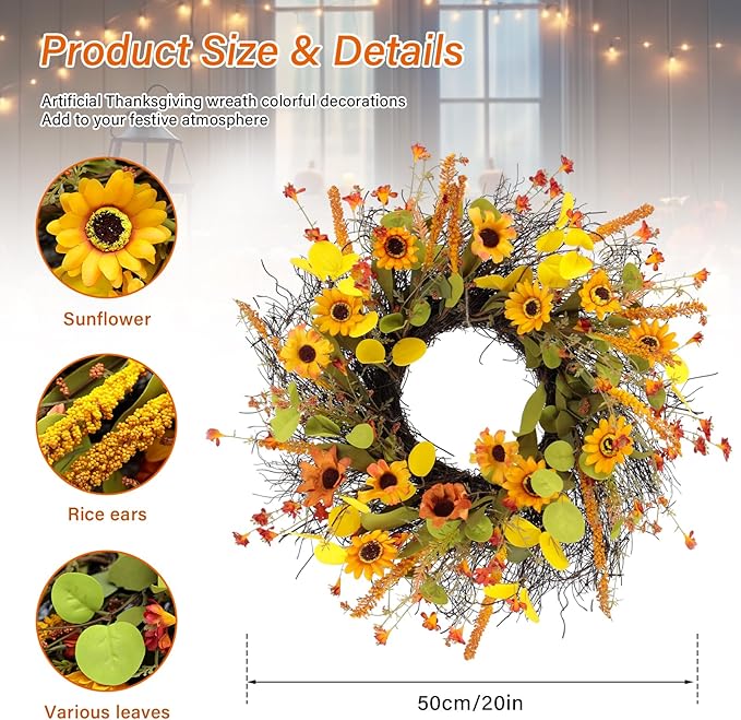 Fall Wreaths for Front Door 20 Inch Rustic Artificial Wreath Sunflower Maple Leaf Rice Ears Autumn Decoration for Halloween Thanksgiving Christmas