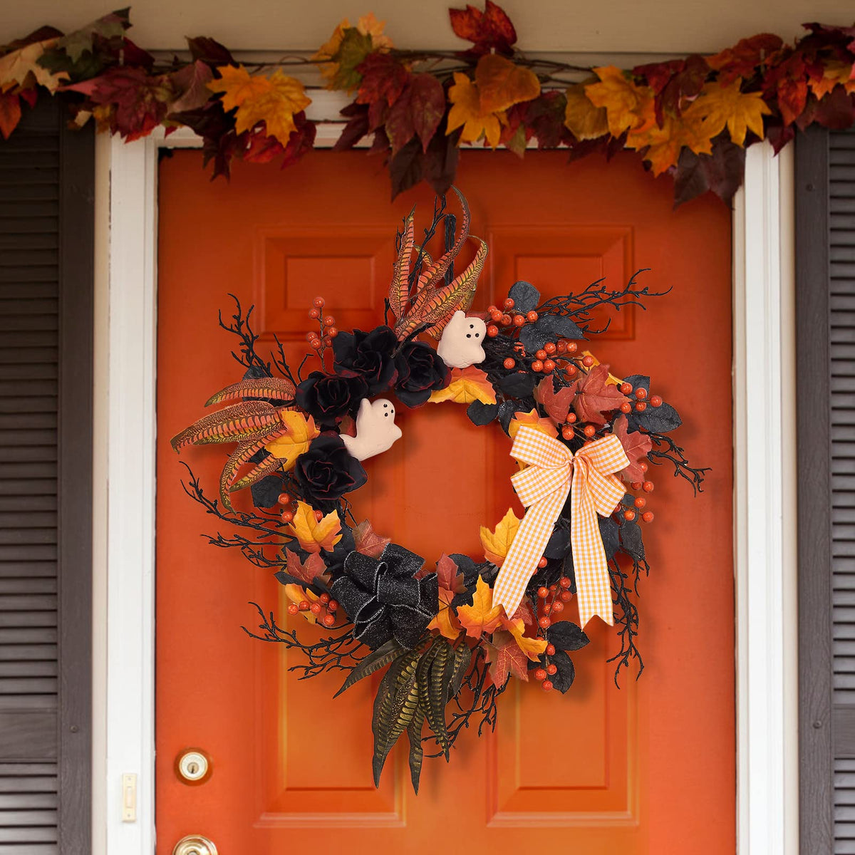 LinTimes Halloween Wreaths for Front Door, 26Inch Ghost Wreath with Ribbon Black Rose Maple Berries Feather for Indoor Outdoor Wall Window Front Door Porch Mantle Halloween Decoration