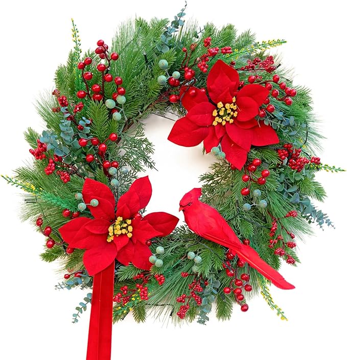 Pre-Lit Christmas Wreaths for Front Door 24 Inch Christmas Wreath with Lights,Large Winter Wreath with Cardinal Birds,Poinsettia,Green Evergreen Pine Needles Red Berries Holiday Wreath Decor